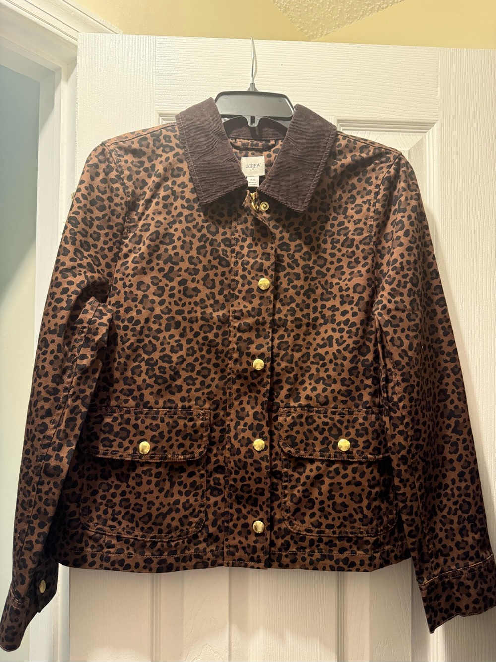 J. Crew Brown Leopard Print Utility Jacket with Dark Brown Corduroy Collar